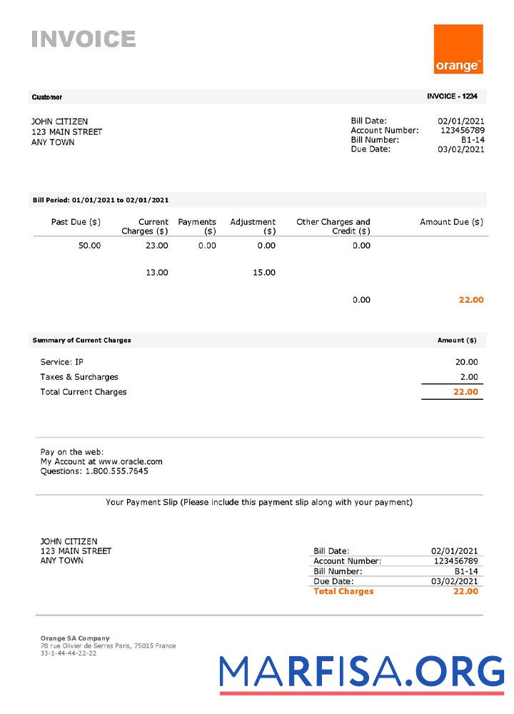 Downloadable USA Orange invoice real example